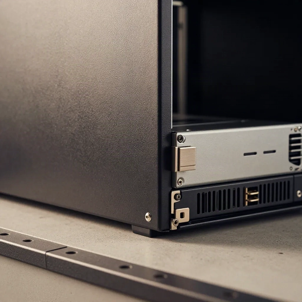 Detail serverového šasi, náhradní šuplík disku a napájecí modul v racku.