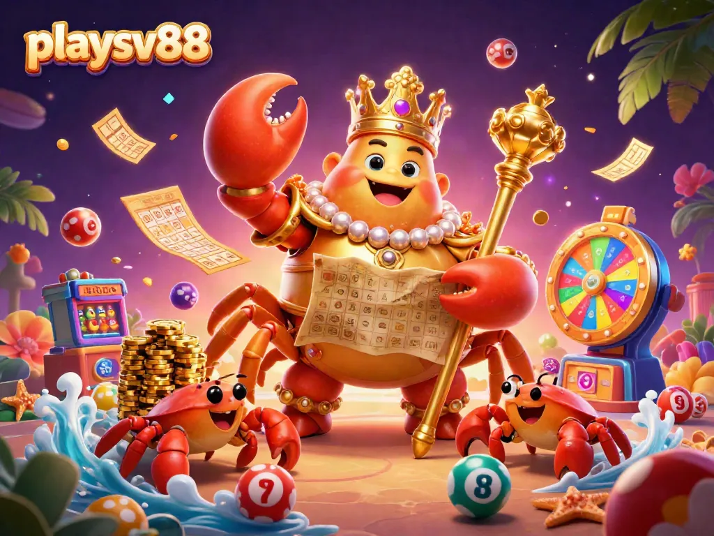 Play slots and win big at playsv88 with vibrant 3D casino-themed illustration featuring a golden crab emperor.