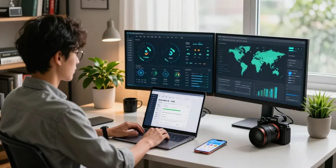 快连 VPN user in a modern home office enjoying seamless connectivity with multiple monitors showcasing network analytics.