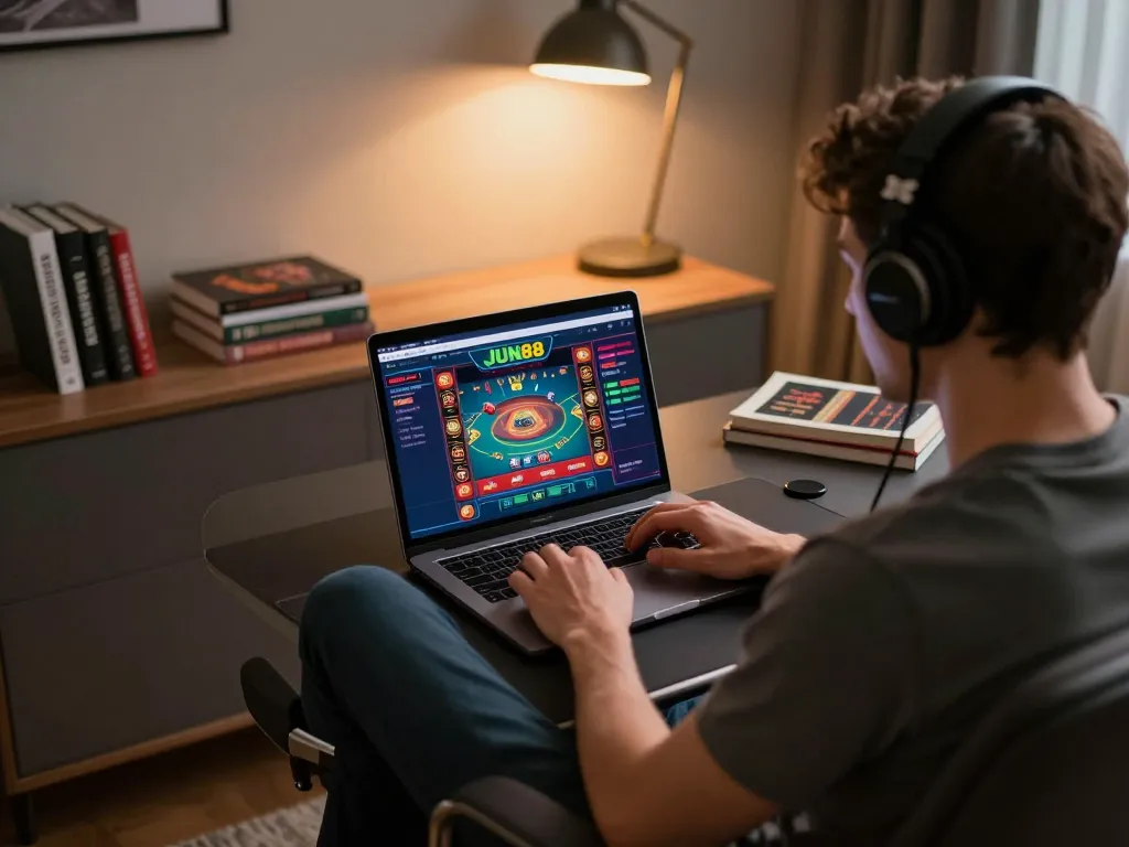 Engaging in strategic online poker session at home with JUN88 platform