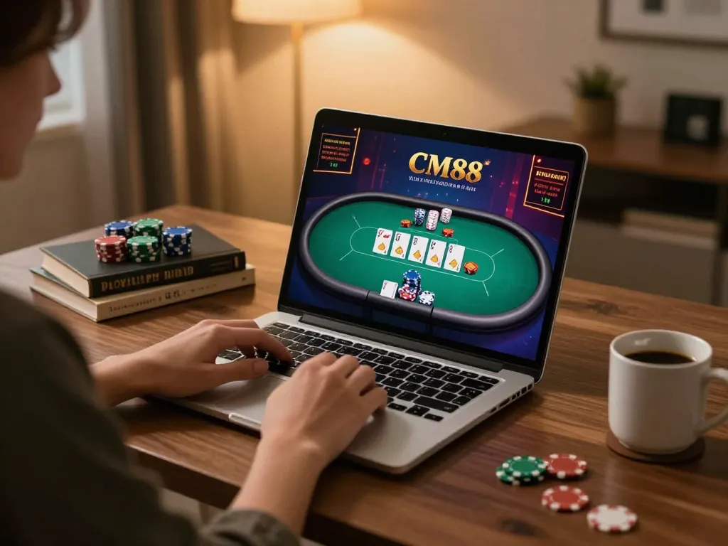 Player engaged in CM88 online poker setup at home, showcasing strategic gameplay.