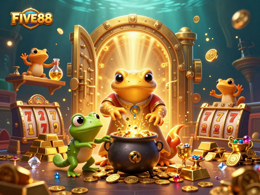 Experience the thrill of FIVE88 with a vibrant 3D illustration of casino adventures featuring whimsical characters.