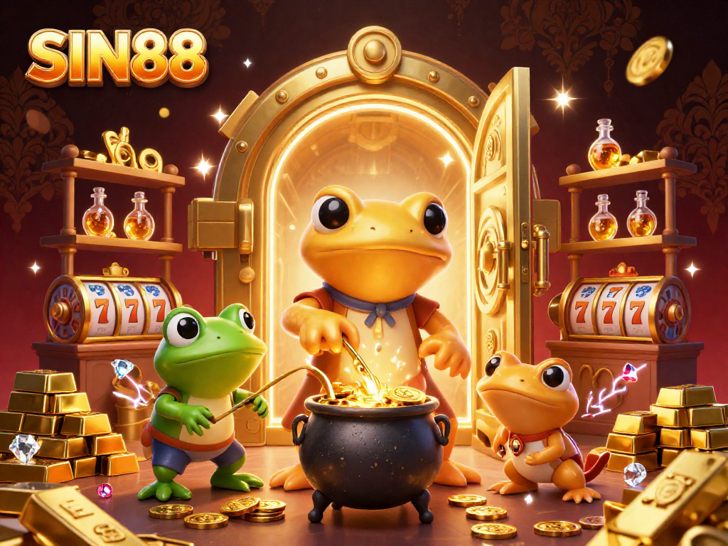 SIN88 showcases a vibrant casino scene with a golden salamander alchemist and treasures.