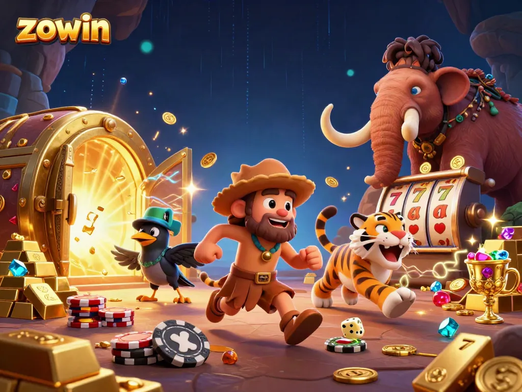 Zowin offers exciting slot reels in a lively scene featuring a cartoon caveman and sabertooth tiger duo.