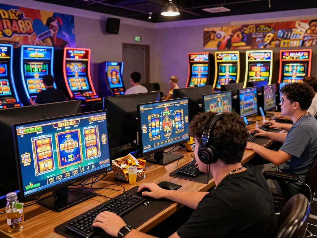 Exciting DA88 online gaming atmosphere with players engaging in colorful slot games.