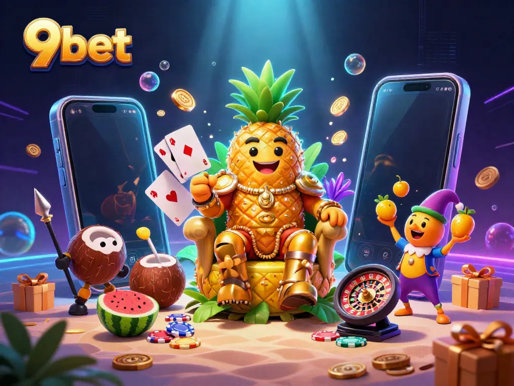 Engage with 9bet's vibrant casino scene, featuring a whimsical pineapple king and lively game elements.