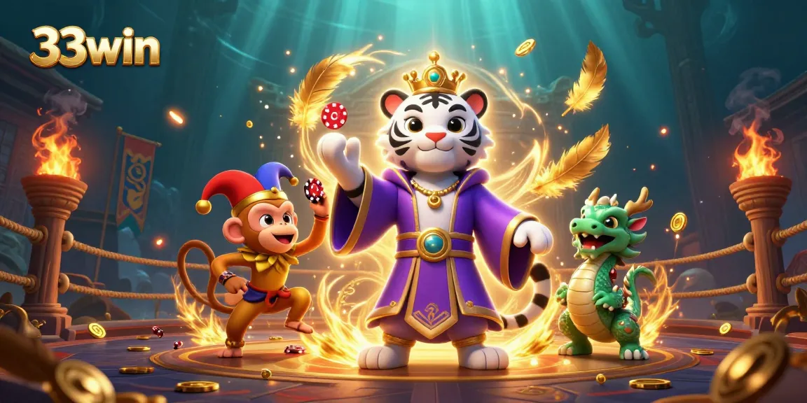 Engage with 33win's vibrant casino scene featuring games, a regal white tiger, and playful elements.