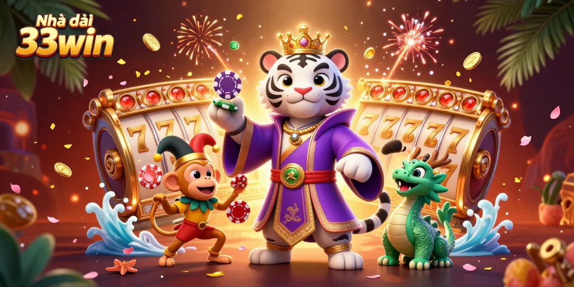 Play epic games at Nhà cái 33win with a vibrant 3D casino scene featuring a majestic white tiger and playful monkey.