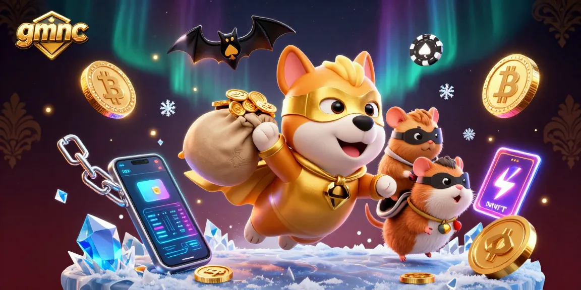 Experience gmnc with a hero dog flying through crypto-themed casino excitement, revealing hidden treasures.