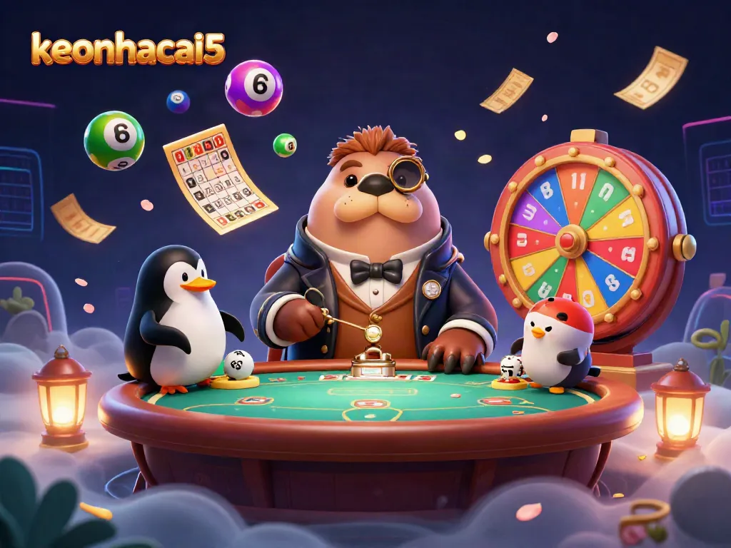Engage with keonhacai5 through a whimsical underwater poker scene featuring a jolly walrus, a penguin dealer, and a bluffing pufferfish.