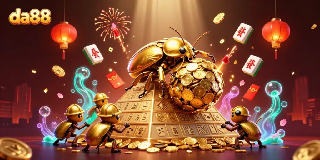 Engage in exciting gameplay at da88 with massive golden beetles symbolizing winnings amidst vibrant casino elements.