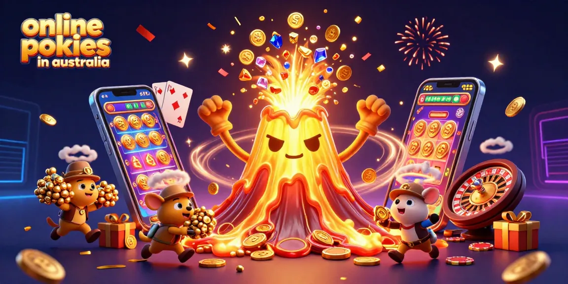 Win big with online pokies in Australia; dynamic 3D scene showcasing vibrant casino action.