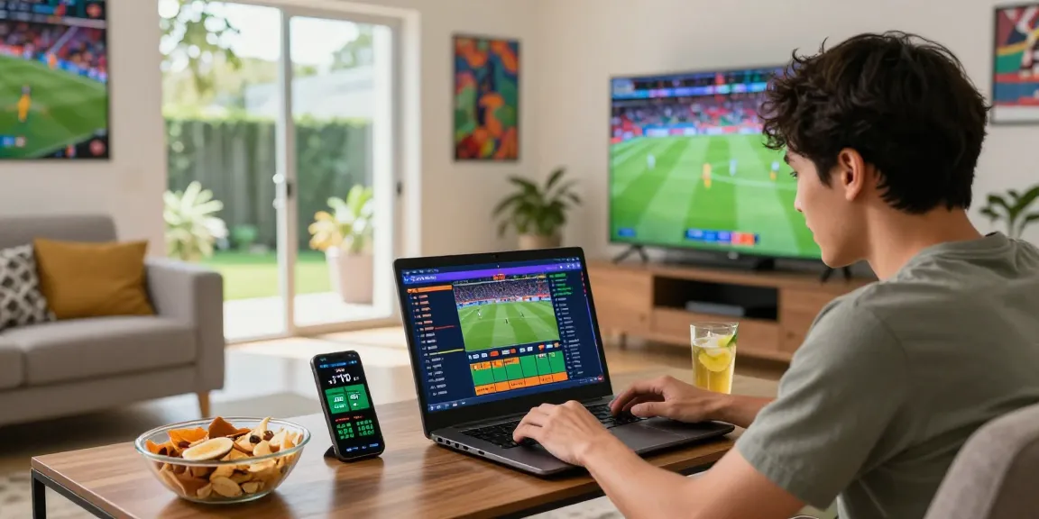 Nejlepší zahraniční sázkové kanceláře: uživatel sázející na sportovní události v moderním obývacím pokoji.