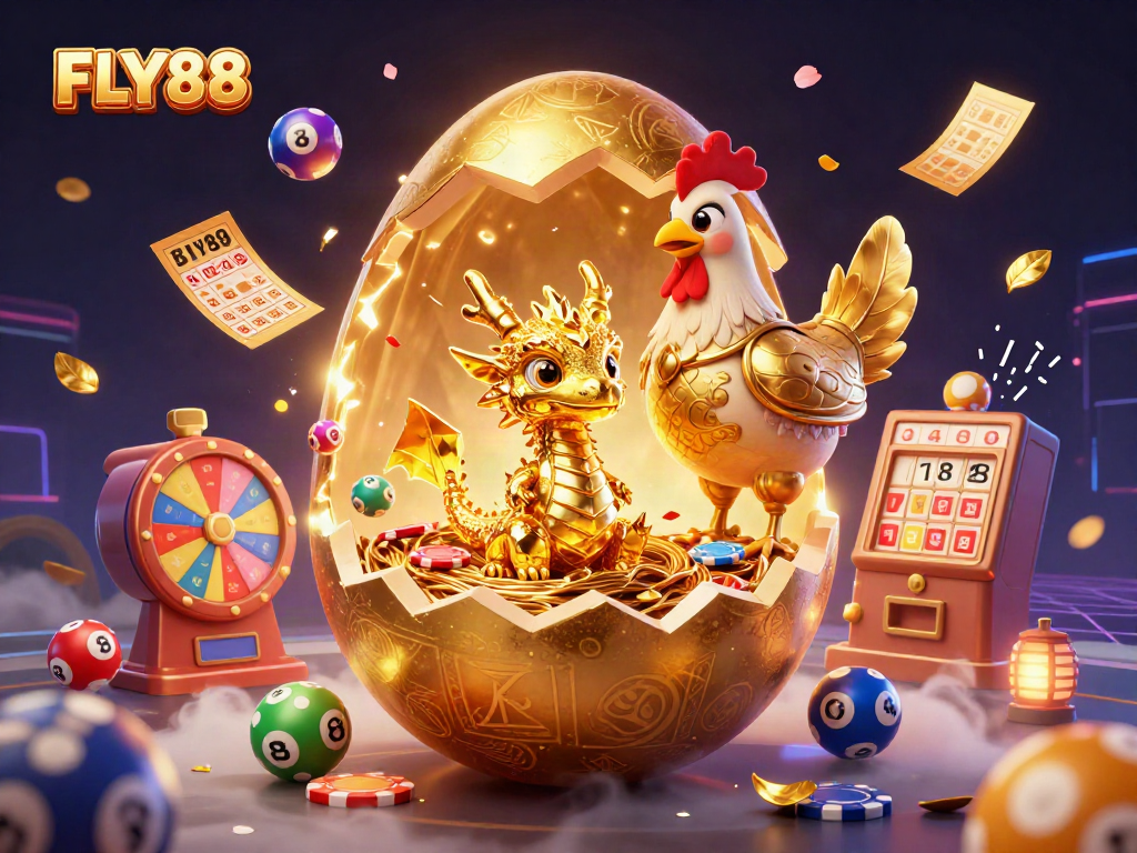 FLY88 showcases a golden egg revealing a crystal dragon among vibrant gambling elements in a dynamic casino scene.