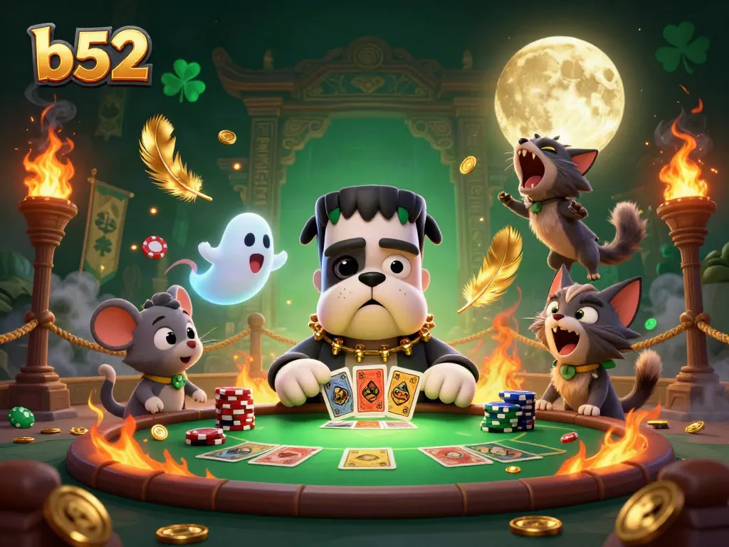 Experience thrilling gameplay at b52 with a haunted card table featuring unique characters and glowing effects.