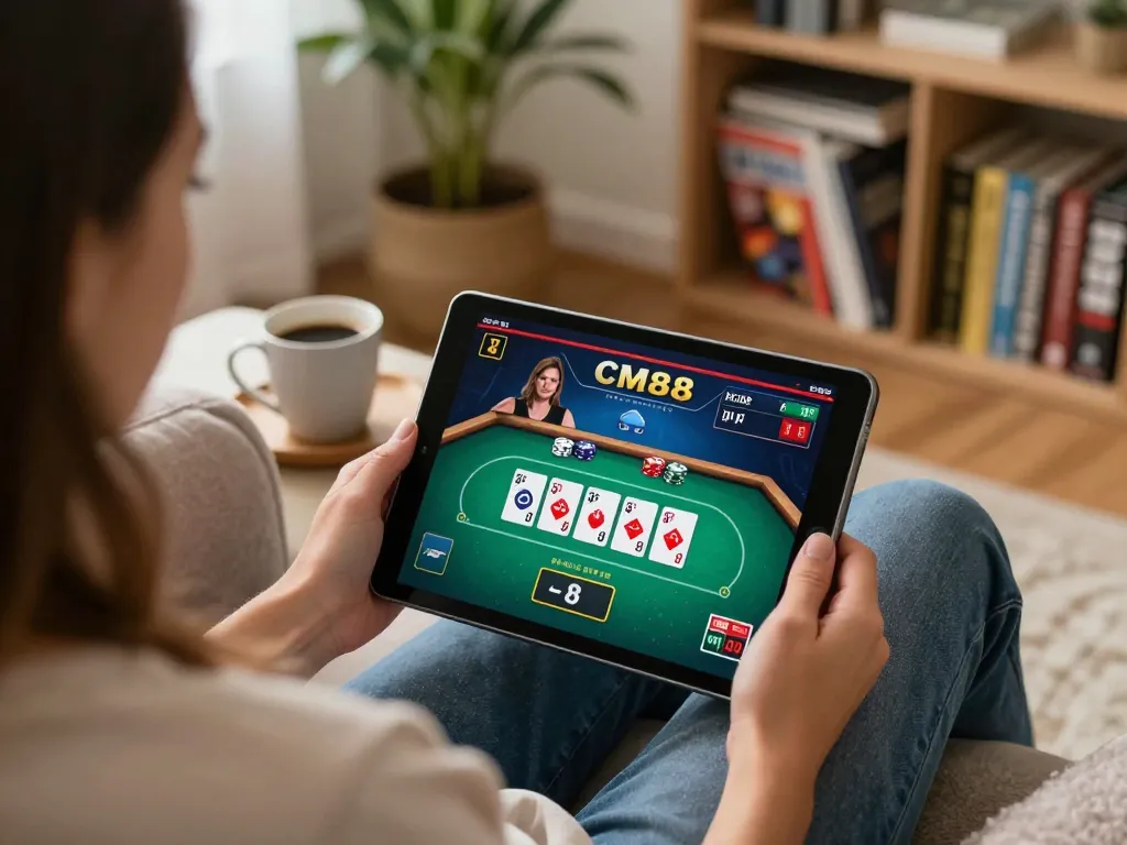 Player enjoying a live CM88 poker game on tablet at home, showcasing dynamic gameplay and cozy ambiance.