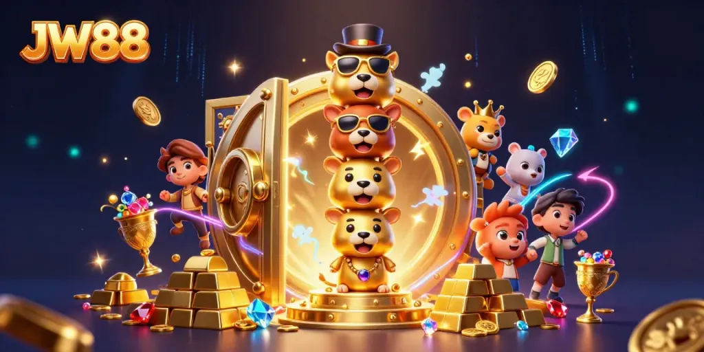 Engaging JW88 online casino experience with golden totem, treasure vaults, and dynamic lighting effects