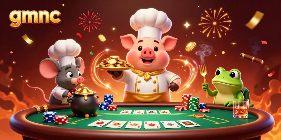 Engage with the gmnc gaming experience as a chef pig serves gold coins amidst dynamic poker elements.