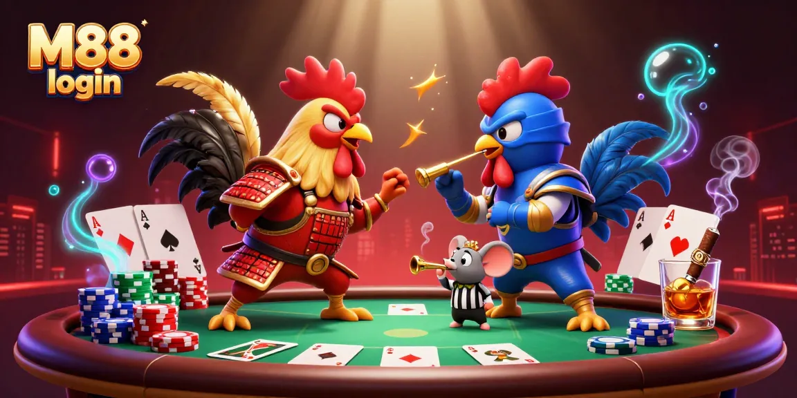 Engage with M88 login for exciting casino action featuring fighting roosters in a colorful showdown.