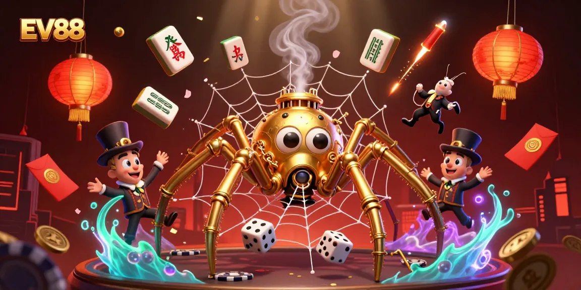 Experience the excitement of EV88 casino with a steampunk spider and golden elements.