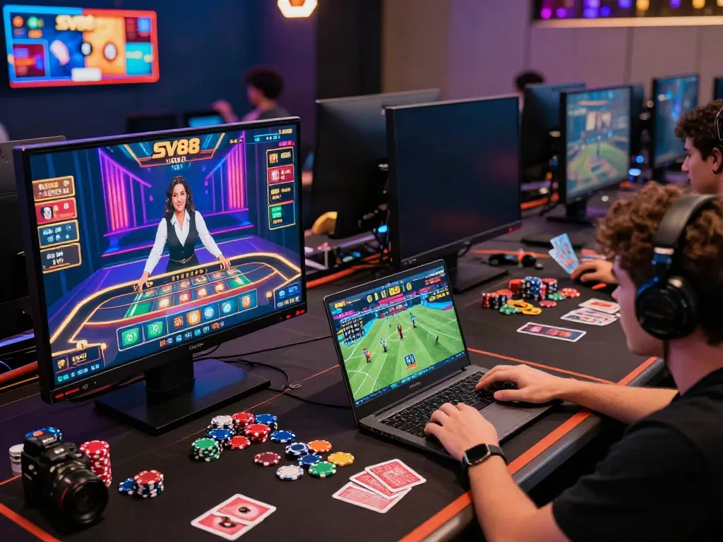 Online gaming at SV88 with diverse players enjoying live casino and sports betting, capturing an energetic atmosphere.