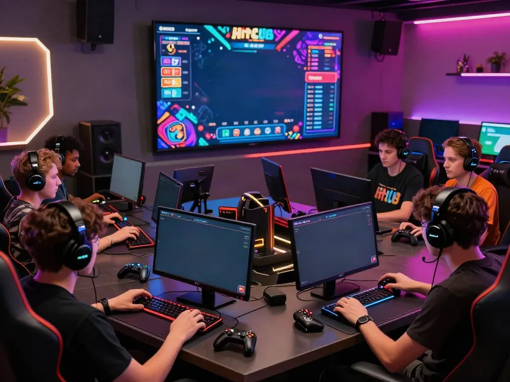 Diverse players enjoying an intense card game on Hitclub platform in a modern gaming lounge.