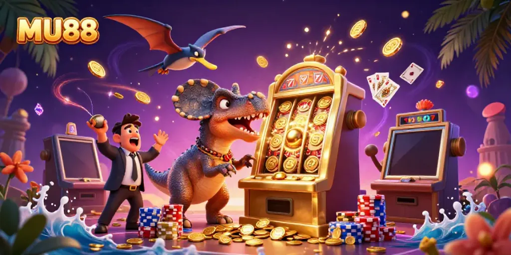 MU88 features a lively scene with a dinosaur hitting a golden slot machine amidst a flurry of coins and casino elements.