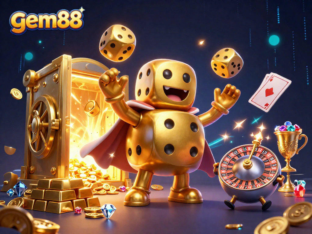 Experience gem88's thrilling gameplay with a dynamic illustration showcasing vibrant casino elements.
