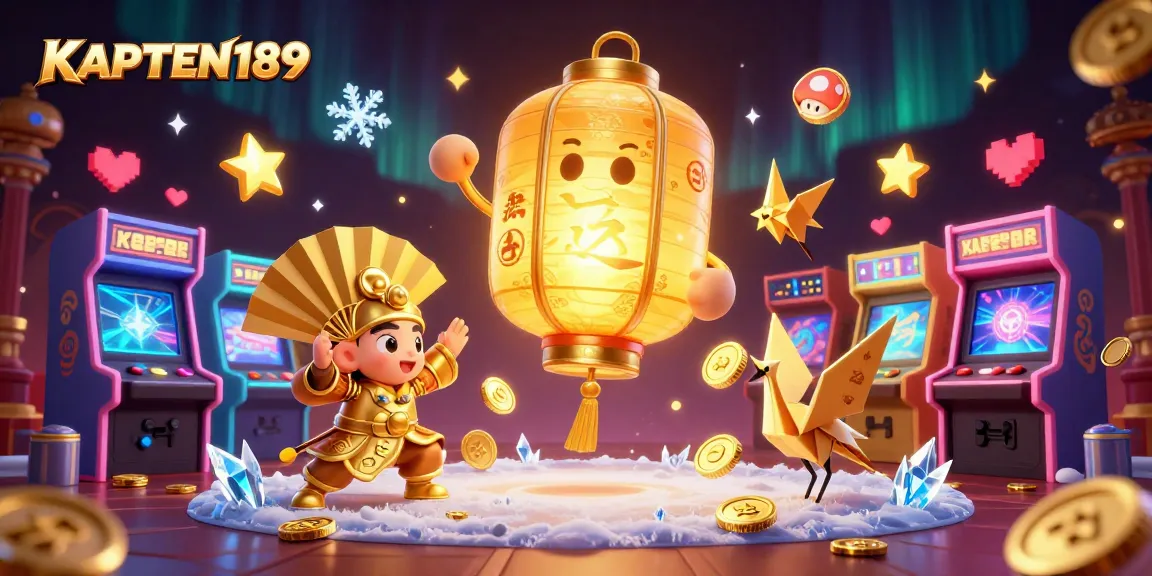 KAPTEN189 menghadirkan ilustrasi kasino digital dengan lampion emas dan mesin permainan berkilau.
