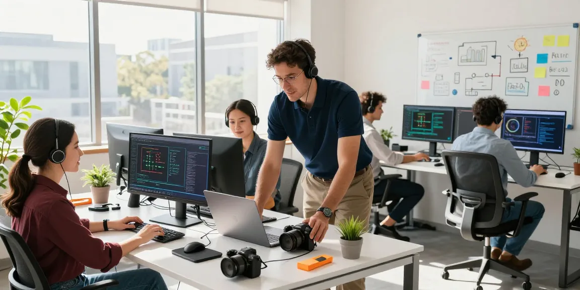 Tech support team assisting users with 快连 network setup, showcasing a vibrant workspace and collaborative atmosphere.