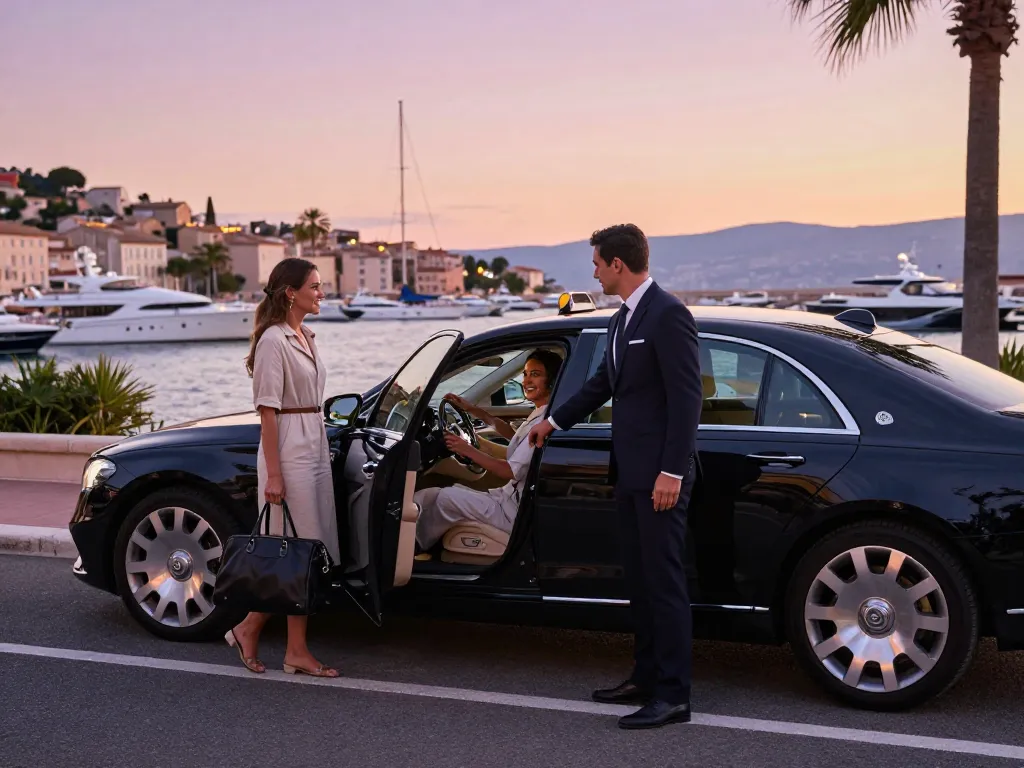 Scène de Taxi à Saint-Tropez avec un chauffeur de luxe ouvrant la porte de la voiture pour des voyageurs, coucher de soleil vibrant sur la côte.