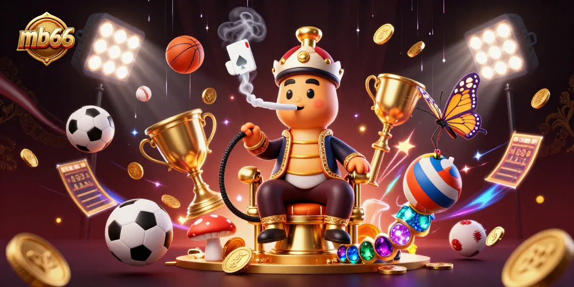 Experience the thrill of mb66 with a vibrant 3D casino scene featuring a hookah-master amidst dynamic sports elements.