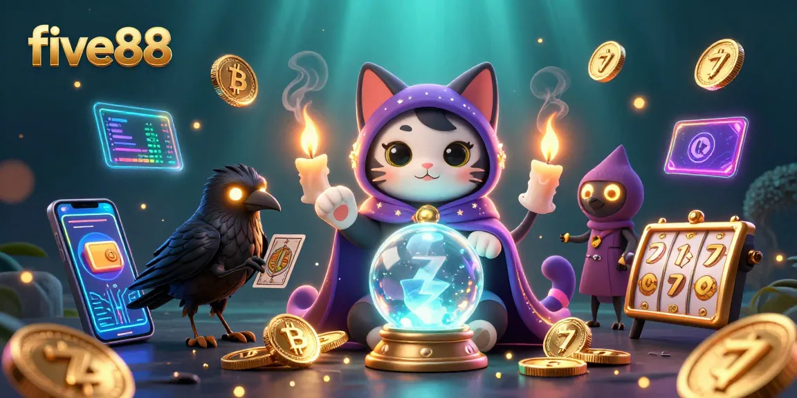Engage with five88's immersive casino experience featuring a mystic cat and tarot raven.