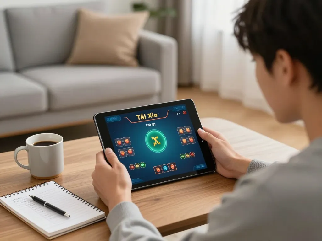 Tài Xỉu Online gaming session shown on tablet in warm home setting with strategic notes.