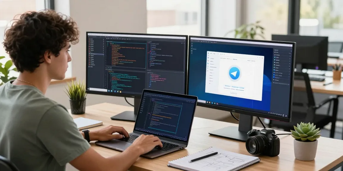 Download Telegram on a dual monitor setup in a modern tech workspace.
