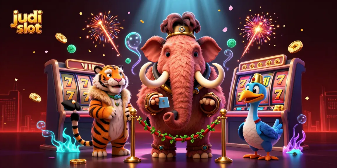 Win big with judi slot as the woolly mammoth bouncer checks IDs at a vibrant casino doorway.