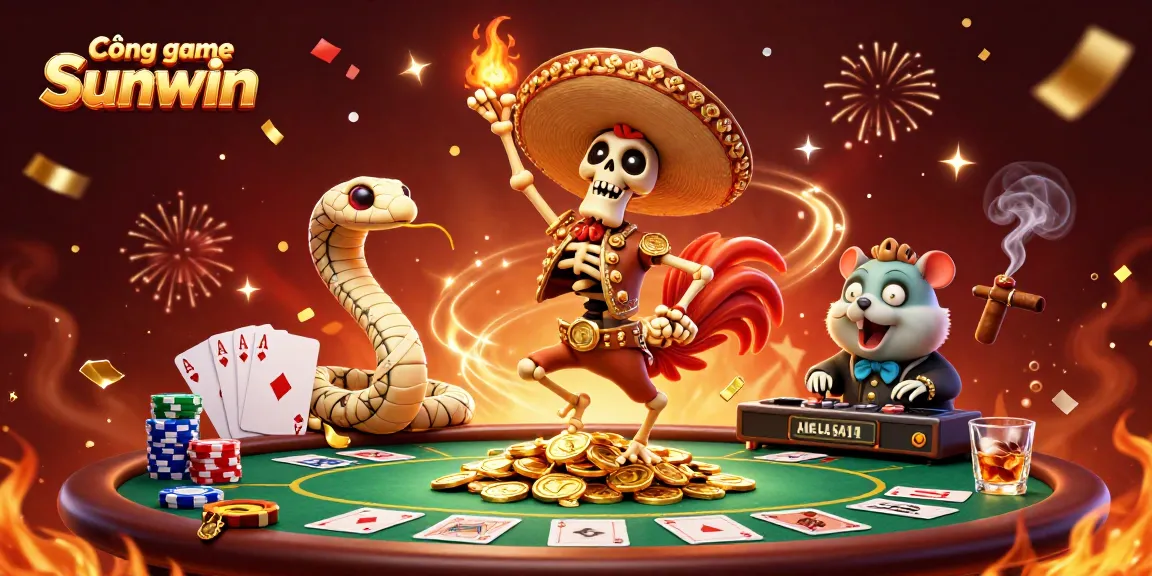 Experience exciting gaming at Cổng game Sunwin with detailed 3D casino characters dancing amidst poker elements.