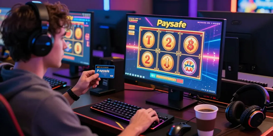 Ein Spieler interagiert begeistert in einem Paysafe Card Casino und ist bereit, Geld einzuzahlen, während er die bunte Online-Spielatmosphäre genießt.