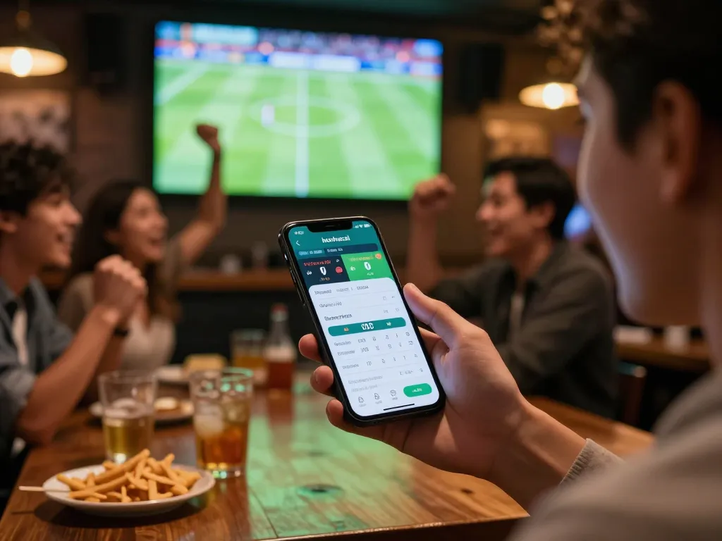 Engaging scene of sports betting on the keonhacaii app during live football match in a lively bar.