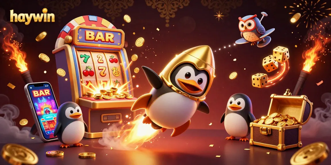 Experience the excitement of haywin casino with a dynamic 3D illustration featuring a golden penguin and slot machine.