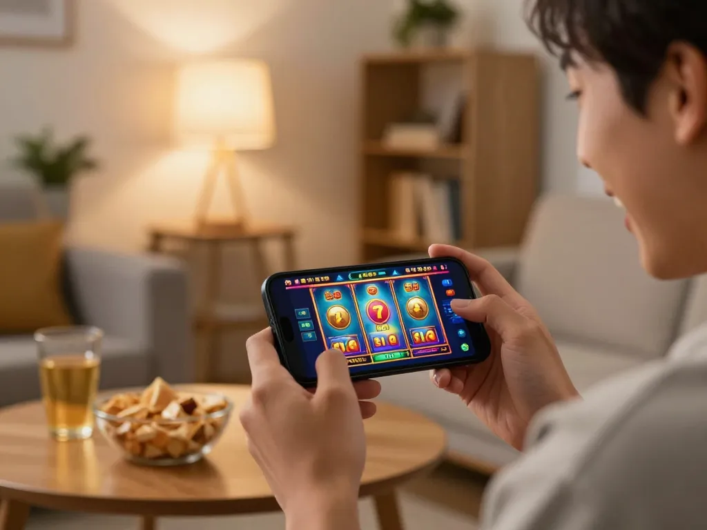 Play exciting slots with jus77 on a smartphone during a cozy home gaming night.