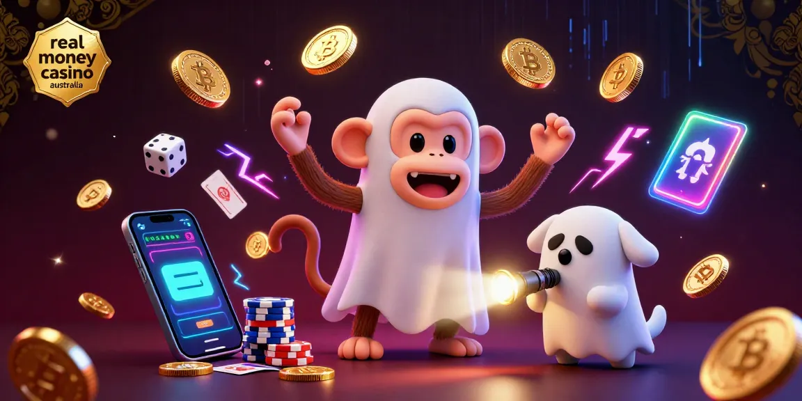 Experience thrilling action at a real money casino Australia with a playful poltergeist monkey and ghost-hunter puppy in a dynamic 3D scene.
