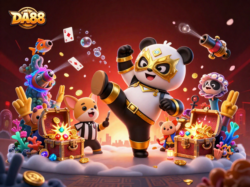 DA88 highlights thrilling action with a panda wrestler and chihuahua referee in a vibrant casino scene.