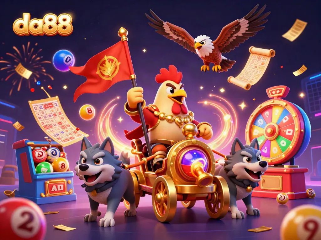 Experience thrilling gameplay at da88 with a cartoon rooster warlord and dynamic gaming elements.