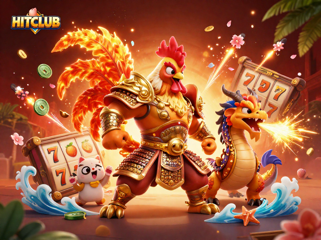 Experience exciting gameplay at HITCLUB with fighting rooster warrior, dragon hatchling, and vibrant slot elements.