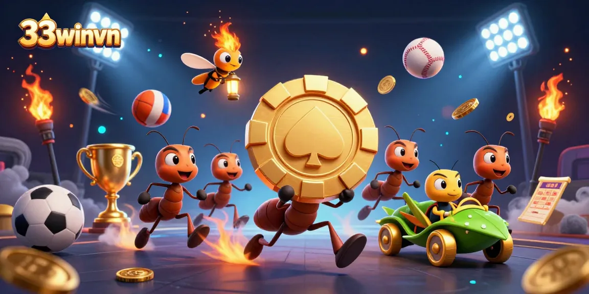 Engaging scene of 33winvn's playful 3D ants heisting a giant poker chip amidst dynamic gambling elements.