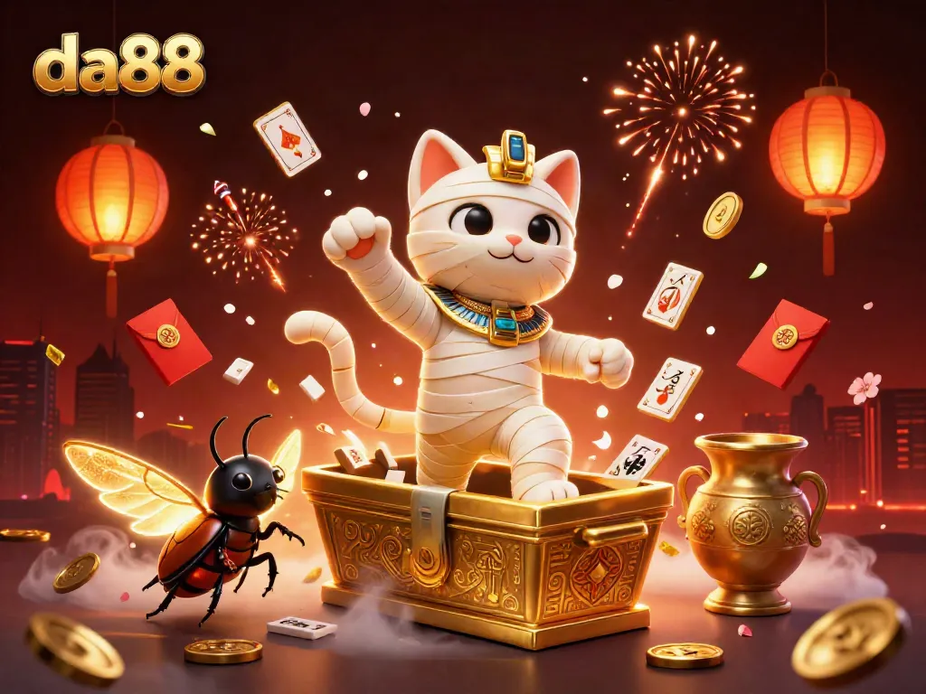 Experience the thrill of da88 as a mummy cat bursts from a sarcophagus in a vibrant casino.