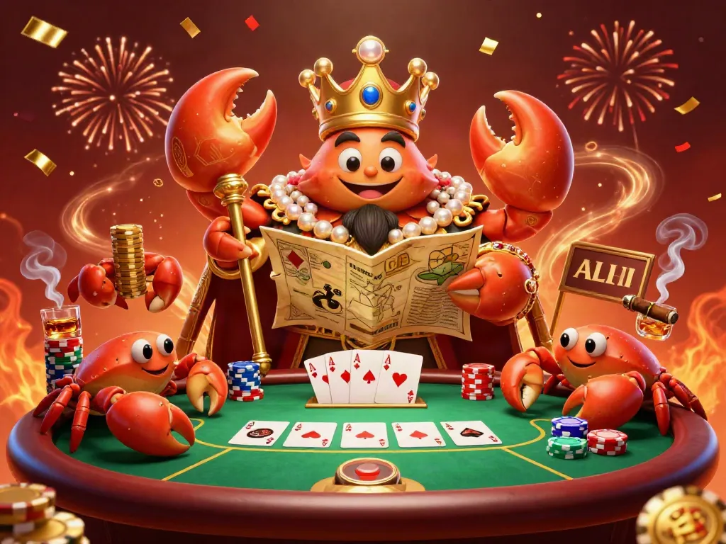 Engage with the vibrant scene featuring lc888 where a golden crab emperor presides over a lively poker table full of chips and cards.