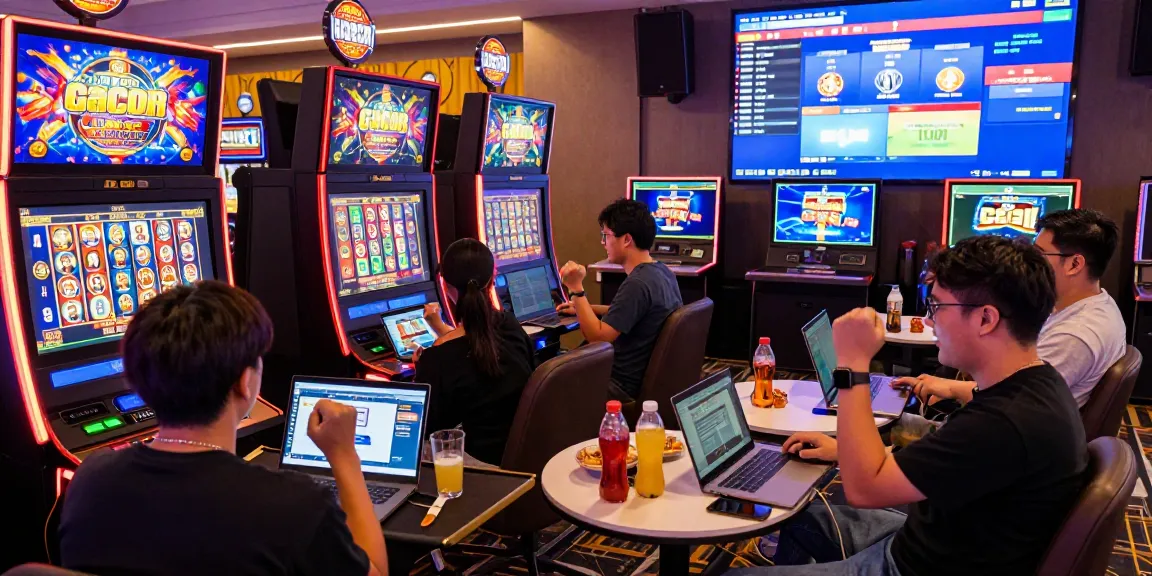 Players enjoying engaging slot gacor games at a lively online gaming venue with modern decor
