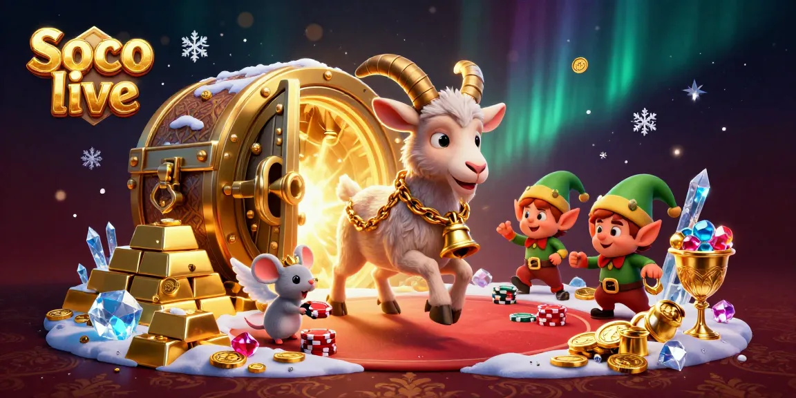 Soco live casino scene featuring Krampus, an angel mouse, and mischievous elf gremlins among glittering treasures.